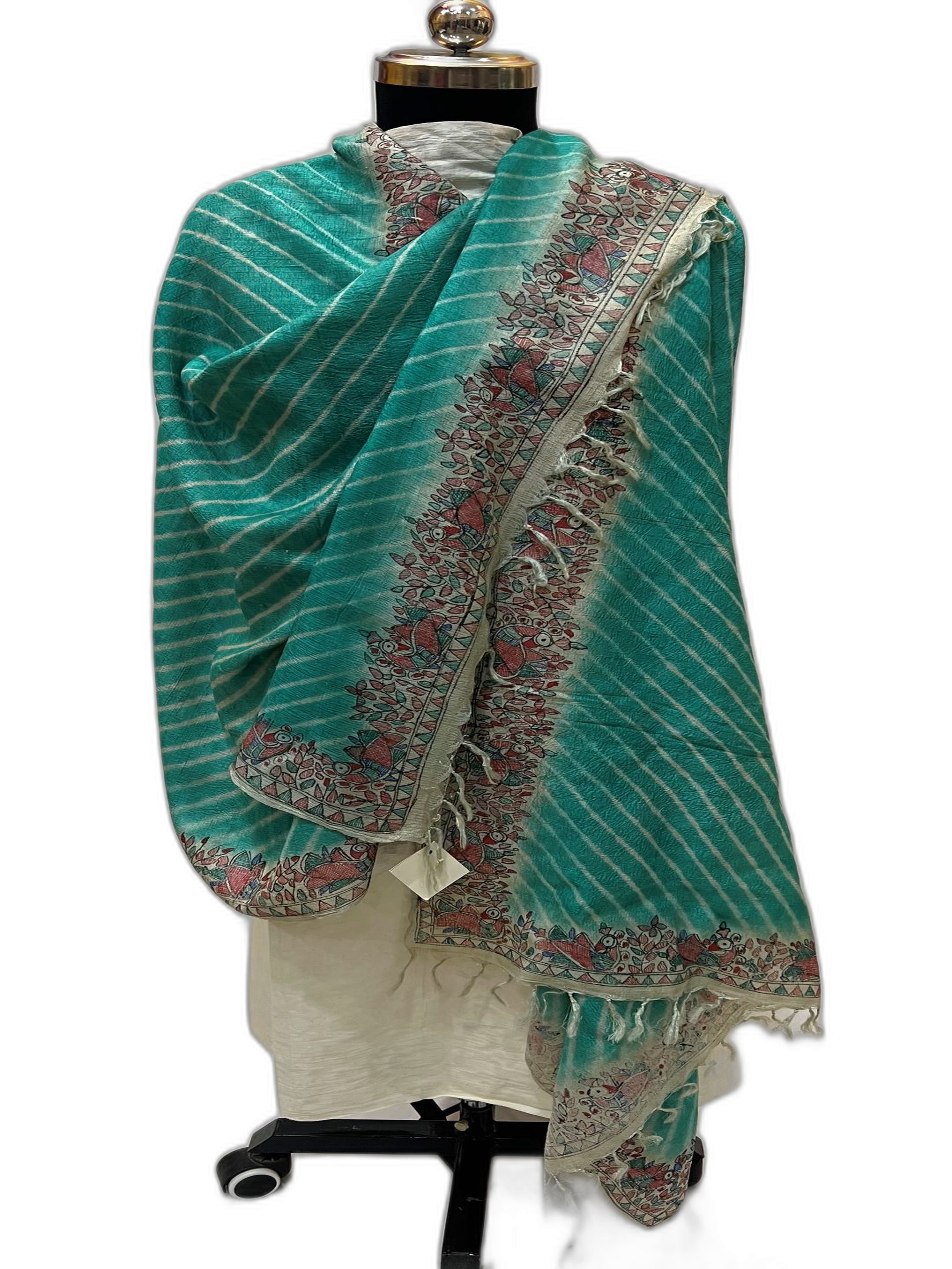 Hand-Woven Desi Tussar Silk Dupatta- Leherya & Hand-Painted Madhubani